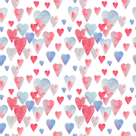 Seamless watercolor pattern with colorful hearts - red, blue, grey tints.の写真素材