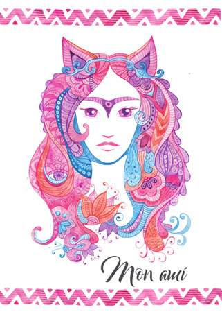 Whimsical hand drawn card template with watercolor zentangles, female portraitの写真素材