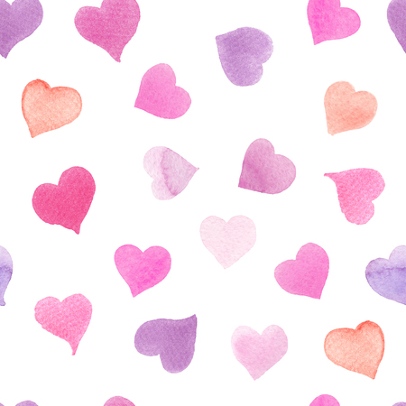 Seamless watercolor pattern with colorful hearts. Light and soft tints of pink, red and purple. Hand-painted romantic texture for newborns, packaging, wedding, birthday, Valentine's Day, mother's dayの写真素材