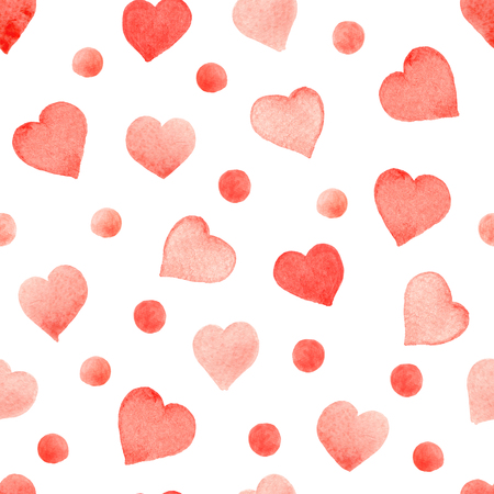 Seamless watercolor pattern with colorful red hearts and dots. Hand-painted romantic texture for girls, newborns, packaging, wedding, birthday, Valentine's Day, mother's dayの写真素材