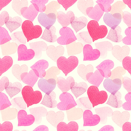 Seamless watercolor pattern with overlapped colorful hearts. Light soft tints of pink, girlish design. Hand-painted romantic texture for packaging, wedding, birthday, Valentine's Day, mother's dayの写真素材