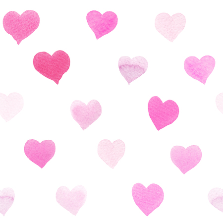 Seamless watercolor pattern with regular colorful hearts. Light and soft tints of pink, girlish design. Hand-painted romantic texture for packaging, wedding, birthday, Valentine's Day, mother's dayの写真素材