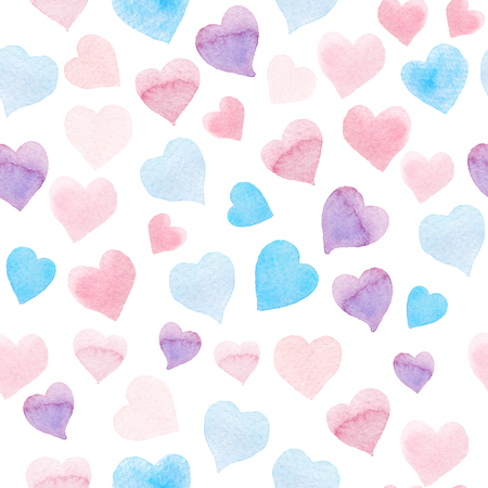 Seamless watercolor pattern with colorful hearts. Light and soft tints of pink, blue, purple. Hand-painted romantic texture for newborns, packaging, wedding, birthday, Valentine's Day, mother's dayの写真素材