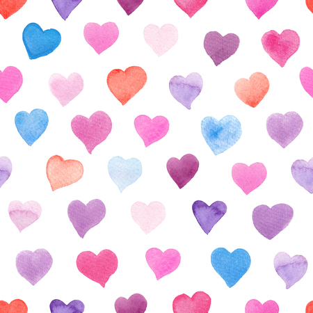 Seamless watercolor pattern with colorful hearts. Pink, red, purple, blue tints. Hand-painted romantic texture for packaging, wedding, birthday, Valentine's Day, mother's dayの写真素材