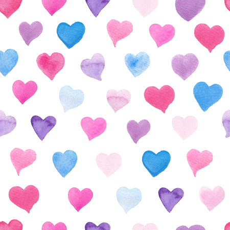 Seamless watercolor pattern with colorful hearts. Pink, purple, blue tints. Hand-painted romantic texture for packaging, wedding, birthday, Valentine's Day, mother's dayの写真素材