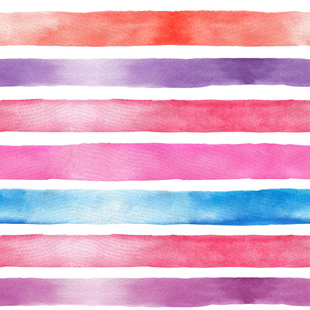 Seamless pattern with colorful horizontal stripes painted in watercolor on white background. Red, pink, blue, purpleの写真素材