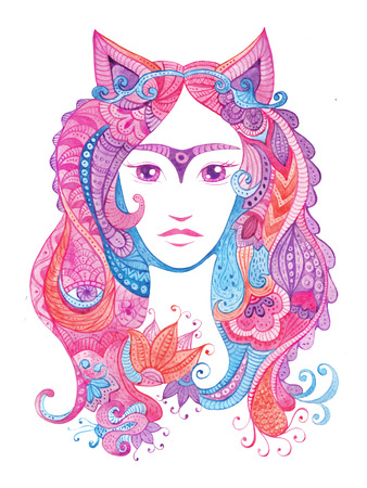 Whimsical hand drawn illustration with watercolor zentangles. . Isolated on white. Ornate female portrait of fairy, deity or fantasy goddess. Fashion, bohemian, pink, purple tintsの写真素材