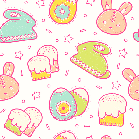 Cute Easter seamless pattern with Easter eggs, rabbit, Easter bunny and Easter cakes.のイラスト素材
