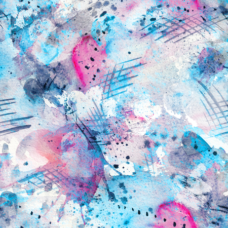 Abstract watercolor seamless pattern with splatter spots, lines, drops, splashes and heartsの写真素材