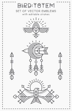 Set of Flying Bird Logo design, geometric tribal archaic emblemsのイラスト素材