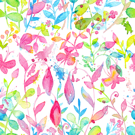 Happy and bright floral seamless pattern with hand drawn watercolor flowers and leavesの写真素材