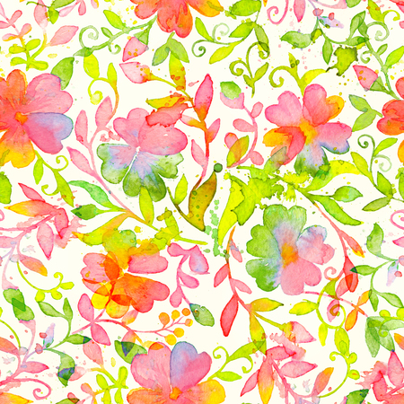 Happy and bright floral seamless pattern with hand drawn watercolor flowers and leavesの写真素材
