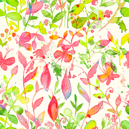 Happy and bright floral seamless pattern with hand drawn watercolor flowers and leavesの写真素材