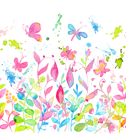 Happy and bright floral seamless pattern with hand drawn watercolor flowers and leavesの写真素材