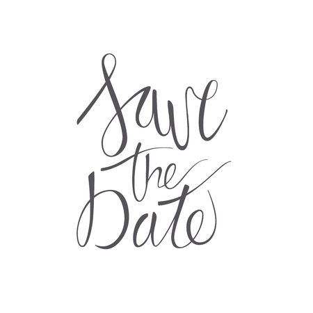 Save the date vector lettering text on white background. Hand-written Decorative Design Words in Curly Fonts. Great design for a greeting card or a print, romantic styleのイラスト素材