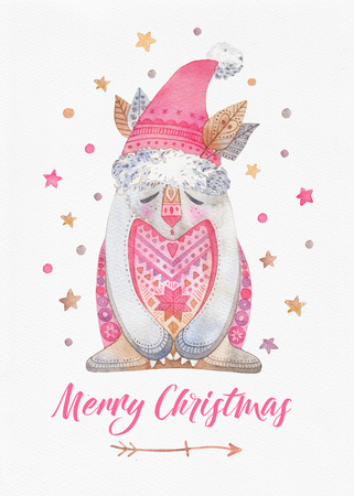 Hand drawn watercolor greeting card template with a sleepy cozy brownie.の写真素材
