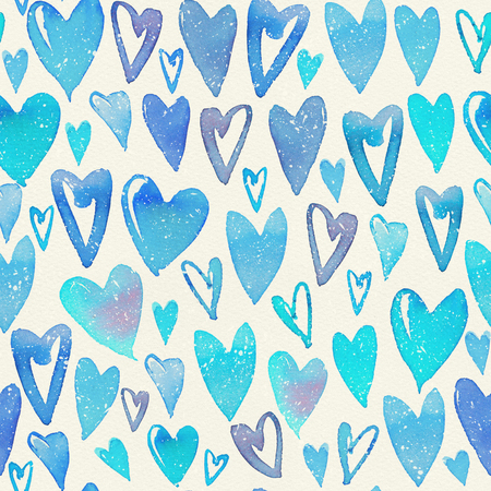 Seamless watercolor pattern with colorful hearts on a paper texture. Bright tints of cyan and blue. Hand-painted romantic texture for Valentine's Day, packaging, wedding, birthdayの写真素材