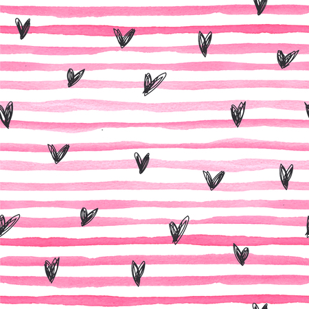 Watercolor vector seamless pattern with pink horizontal stripes and black hand drawn hearts on a white background. Hand-painted lines, texture for packaging, wedding, birthday, scrapbook.のイラスト素材
