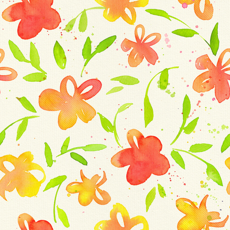 Happy and bright floral seamless pattern with hand drawn watercolor flowers and leaves. Beautiful ornament for textile printing, wrapping paper, packaging etcの写真素材