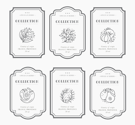Customizable black and white Pantry label collection. Vintage packaging design templates for Herbs and Spices, dried fruit, vegetables, nuts etcのイラスト素材