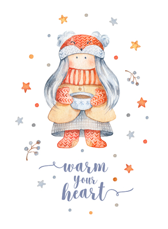 Christmas Greeting Card with Cute cartoon character - little girl with foxy hat, cup of tea. Winter postard illustration of scandinavian or christian character with snowflakes. Hygge christmasの写真素材