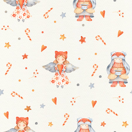 Christmas Seamless patternd with Cute cartoon characters - little angel and girl. Winter wrapping paper with scandinavian character, stars, candiess and floral decor on a paper textureの写真素材