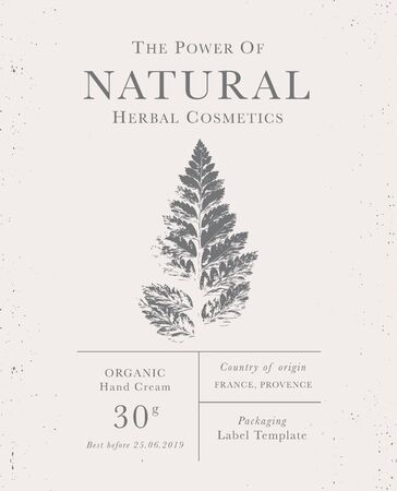 Customizable label of Natural organic herbal products. Fern vintage packaging design templates for Cosmetics, Pharmacy, healthy food. Dried leaves, real herbariumのイラスト素材