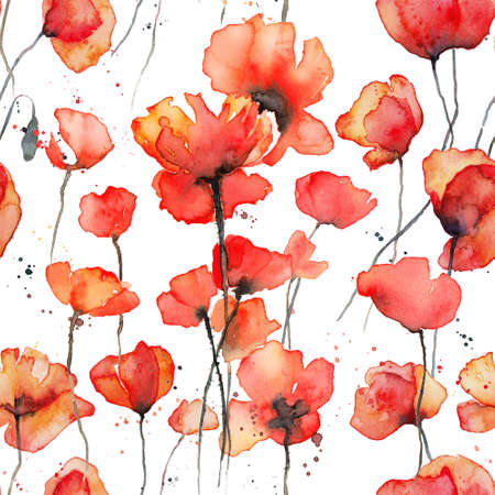 Red poppies watercolor illustrationの写真素材