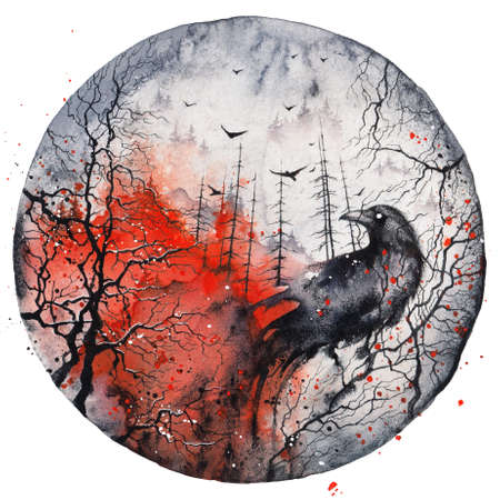 Forest in fire and raven. Scary gothic red and black watercolor illustration. Halloween poster, wall art printの写真素材