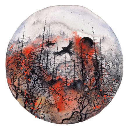 Forest in fire with raven and scary spirit. Horror gothic red and black watercolor illustration. Halloween poster, wall art printの写真素材