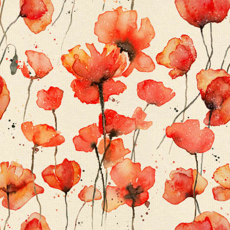 Red poppies watercolor illustrationの写真素材