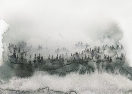 Misty forest watercolor wall art for printの写真素材