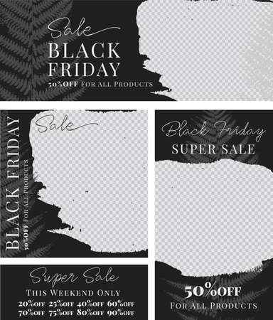 Black Friday Sale - Set of templates. Marketing promotion Social Media post Cover. Layout design. Set of sale banner template. Network background. Black and white nature. Vector illustrationのイラスト素材