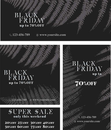 Black Friday Sale - Set of templates. Marketing promotion Social Media post Cover. Layout design. Set of sale banner template. Network background. Black and white nature. Vector illustrationのイラスト素材
