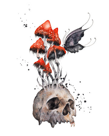 Human skull with poisonous fly agaric. Amanita red mushroom, symbol of death. Black butterfly. Red and black watercolor illustration. Halloween poster, wall art printの写真素材