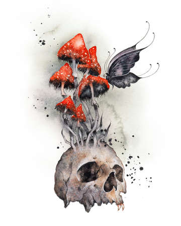 Human skull with poisonous fly agaric. Amanita red mushroom, symbol of death. Black butterfly. Red and black watercolor illustration. Halloween poster, wall art printの写真素材