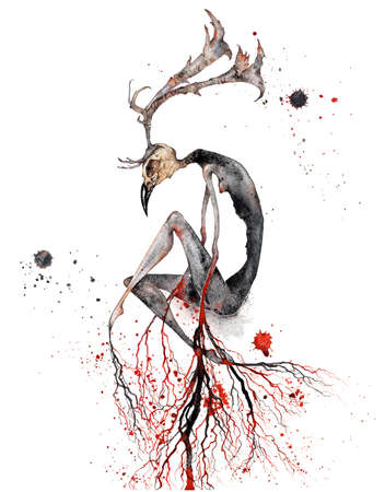 Wendigo, mythical monster, an evil spirit. Deer skull fantasy monster. Horror dead folklore creature, the symbol of deathの写真素材