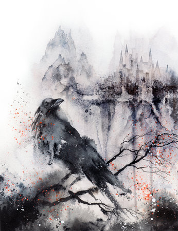 Black Raven in the rainy city. Scary gothic white and black watercolor illustration. Halloween poster, wall art printの写真素材