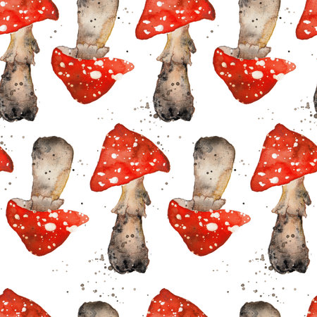 Fly agaric red mushroom watercolor seamless patternの写真素材