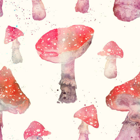 Fly agaric red mushroom watercolor seamless patternの写真素材