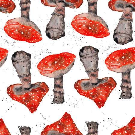 Fly agaric red mushroom watercolor seamless patternの写真素材