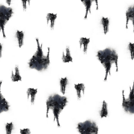Black wolves on a white background watercolor seamless pattern. Gothic Halloween monochrome textureの写真素材