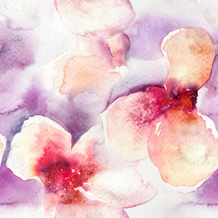 Pastel flowers watercolor abstract seamless pattern. Pink and purple delicate feminine background textureの写真素材