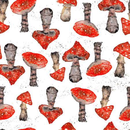 Fly agaric red mushroom watercolor seamless patternの写真素材