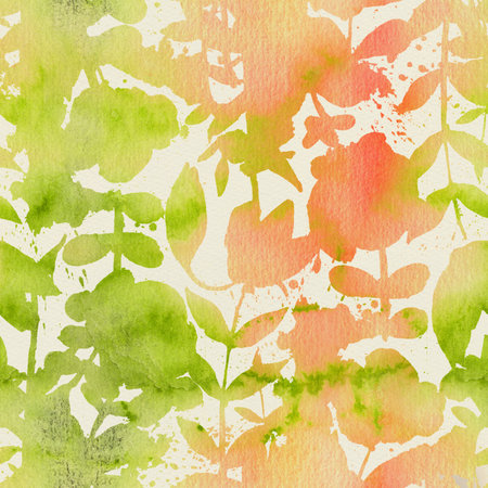 Summer flowers watercolor abstract seamless pattern. Green and red delicate background textureの写真素材