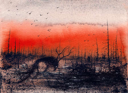 Scary black demon in the desolation. Devil in the dark woods. Creepy horror watercolor artの写真素材