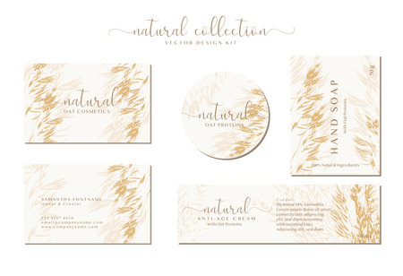 Set of customizable oatmeal labels of Natural healthy food. Cereal oat products packaging templates. Contemporary design for Cosmetics, Pharmacy, bakeryの写真素材