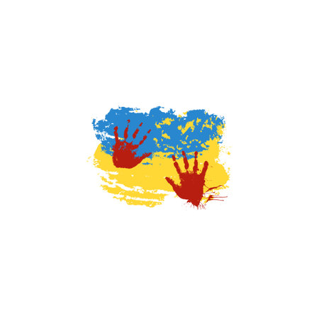 Ukrainian flag with bloody hands. Stop Russian Aggression, Concept illustration. Save from Russia, stickers for media.のイラスト素材