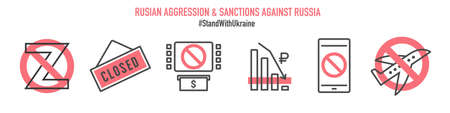 Russian aggression icon set. Sanctions against russia design elements, Denied access, Outline style black red collection for web and mediaのイラスト素材