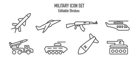 Military army icon set. War design elements, Outline style black collection for web and mediaのイラスト素材